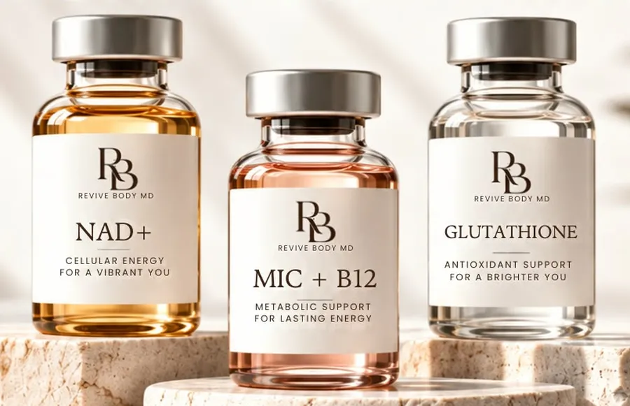 NAD+, MIC + B12 and Glutathione vials from Revive Body MD
