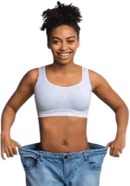 Patient holding out the waistband of her old jeans