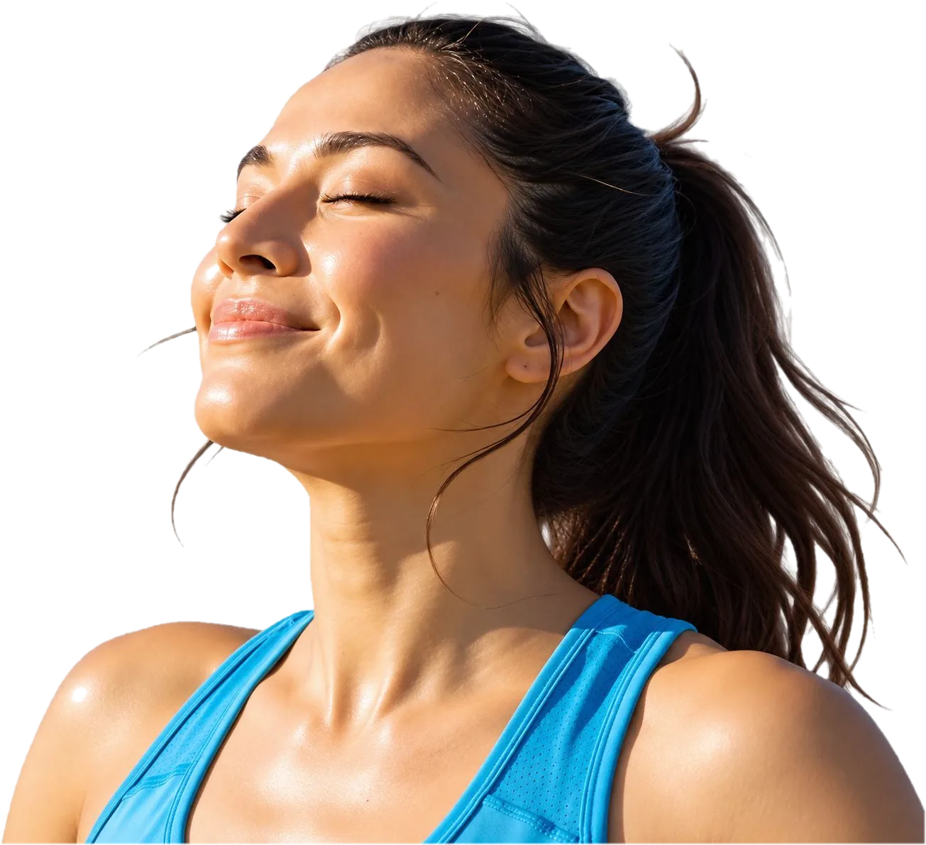 A patient outdoors with her eyes closed, taking a deep breath