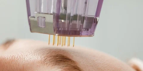 Dermastamping tool with fine gold needles over the brow